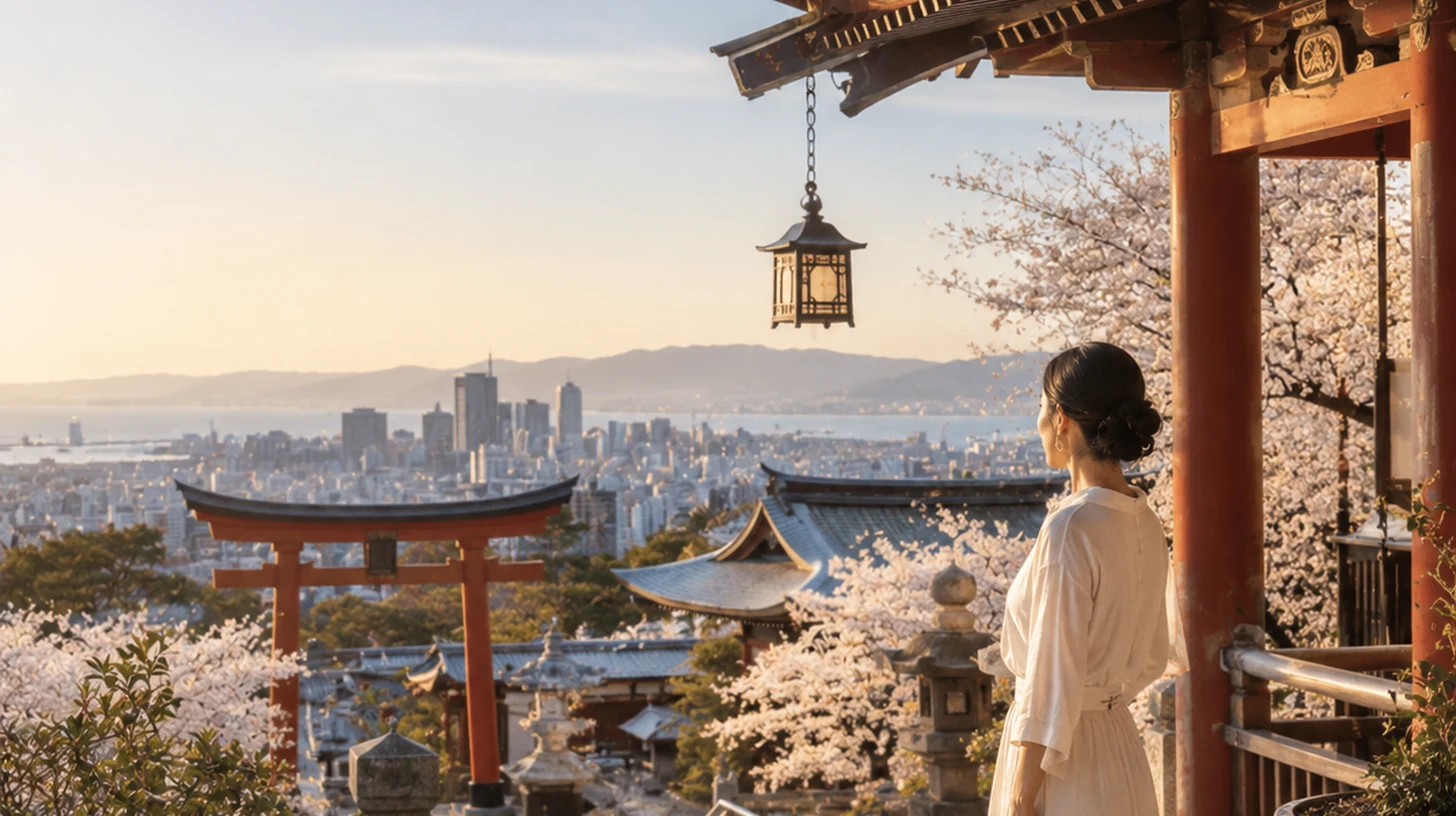 Templo japonês ao pôr do sol com cidade moderna ao fundo